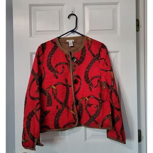 Patty Kim Women's Reversible Quilted Button Blazer‎ Jacket Equestrian Red Large